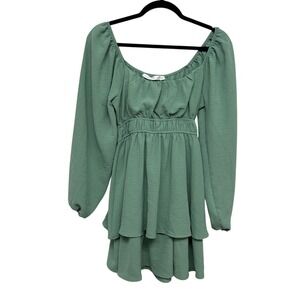 Altar'd State Green Tiered Mini Dress S Puff Sleeve Belted‎ Romantic Cottagecore